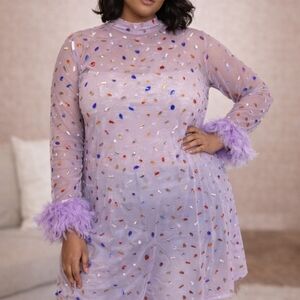 Xpluswear 3X NWT Lavender Rhinestone Mesh w/ Feather Cuffs | Statement Party